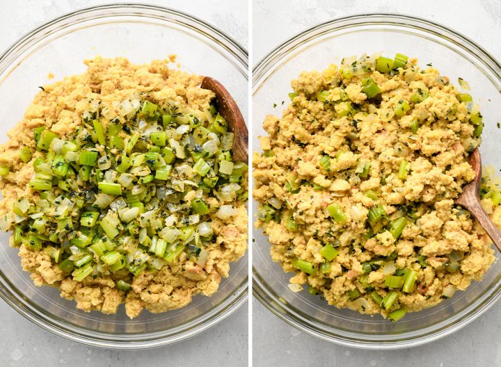 two photos showing How to Make Cornbread Dressing - combining stuffing mixture with vegetables and herbs 