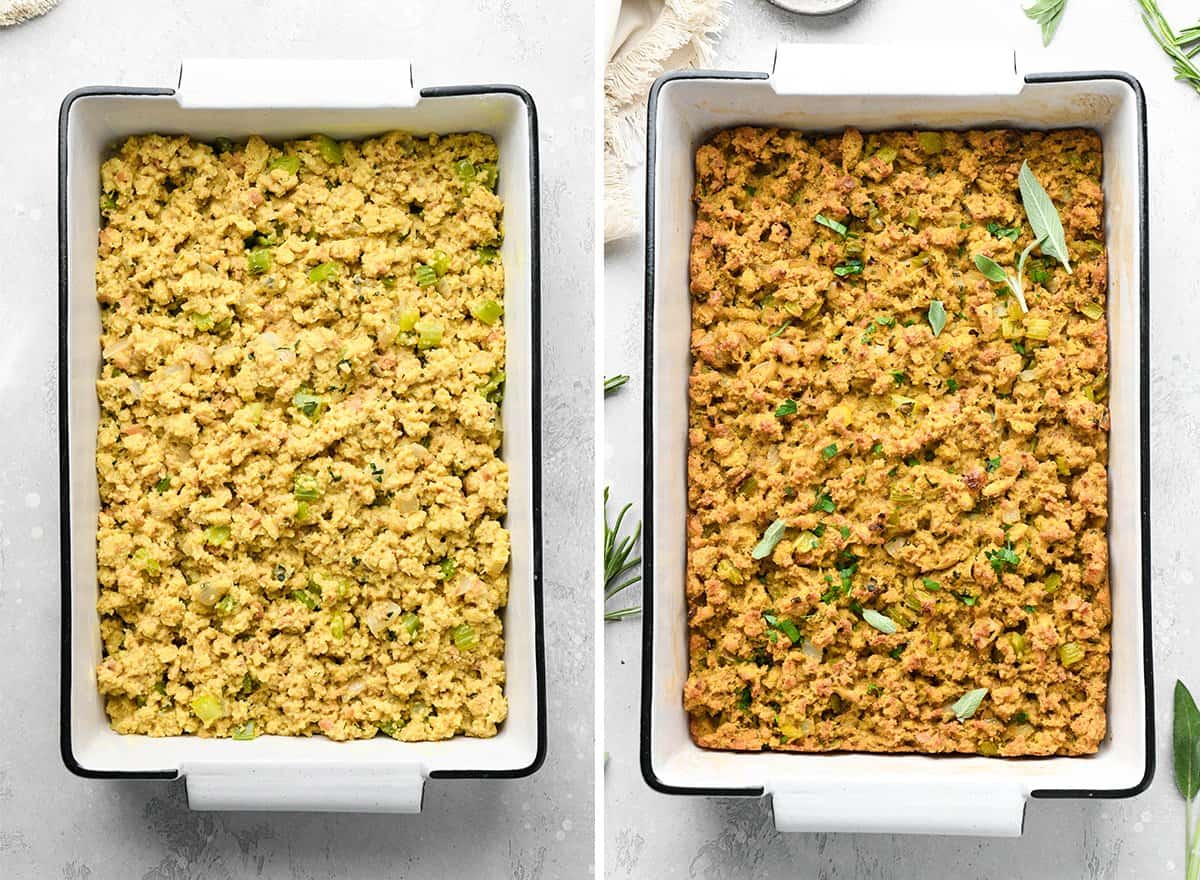 two photos showing How to Make Cornbread Dressing - before and after baking