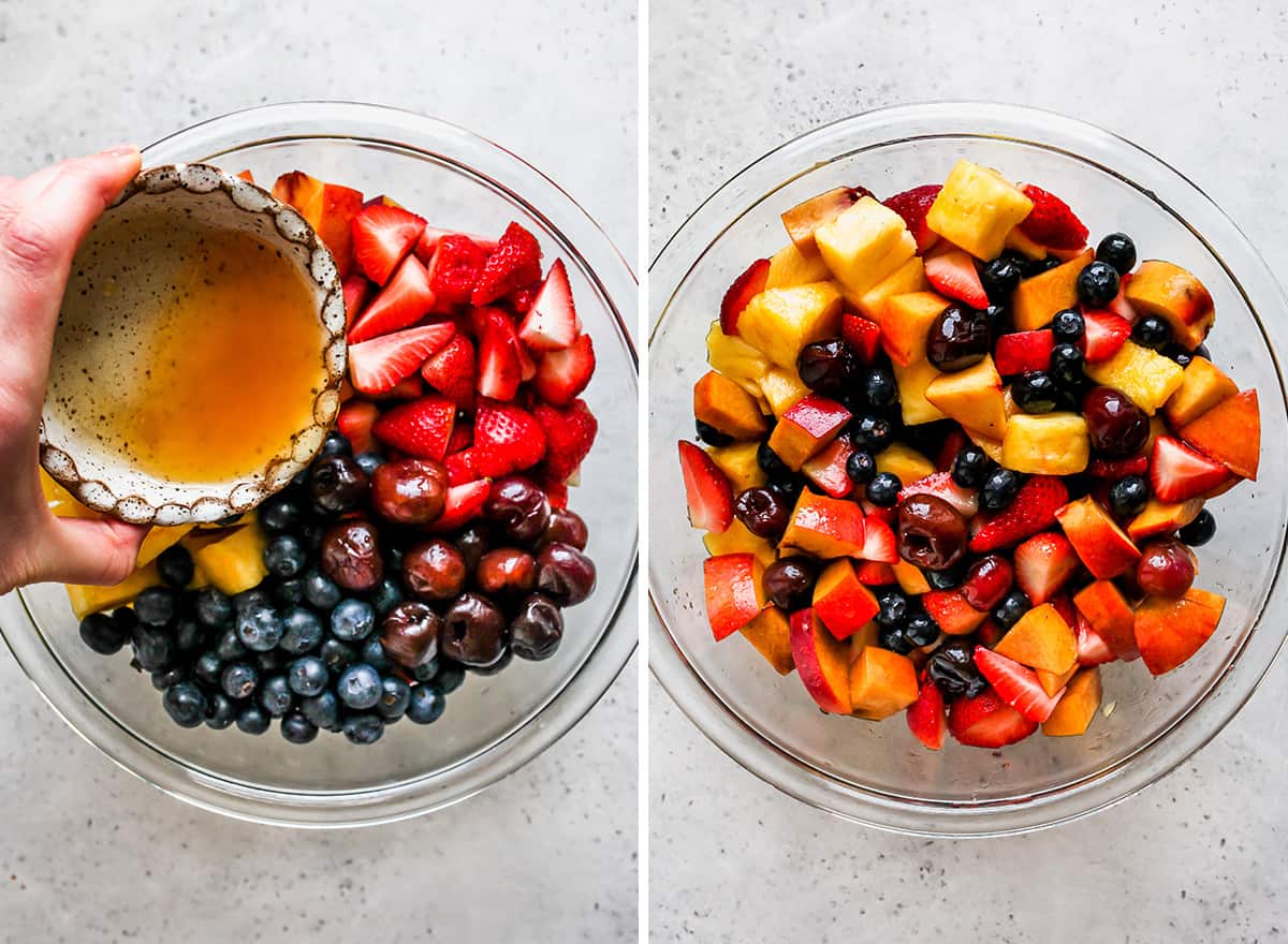 two photos showing How to Make Fruit Salad - adding dressing and stirring