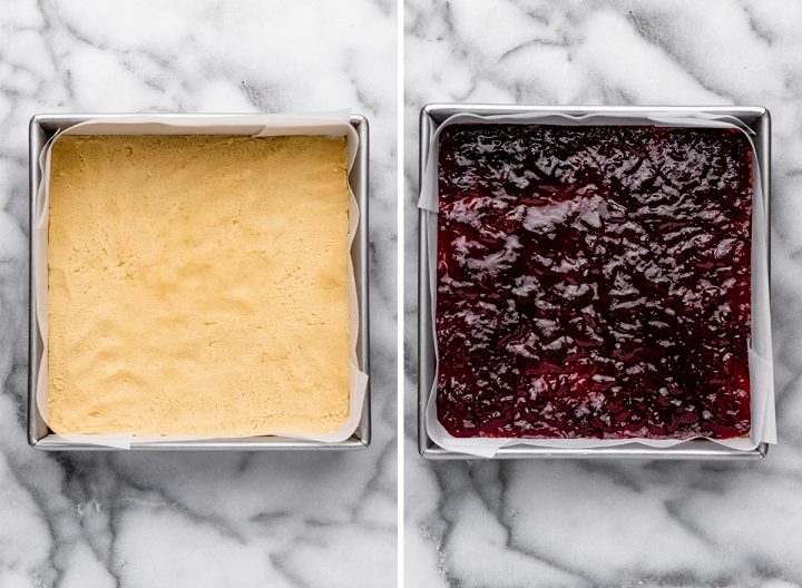 two photos showing How to Make Raspberry Crumb Bars - bottom crust in the baking pan then jam spread over the top of it