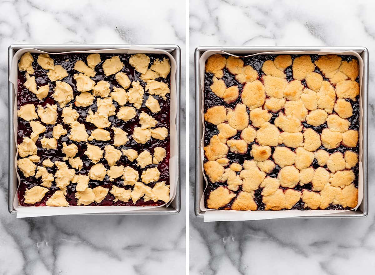 two photos showing How to Make Raspberry Crumb Bars - bars in baking pan before and after baking
