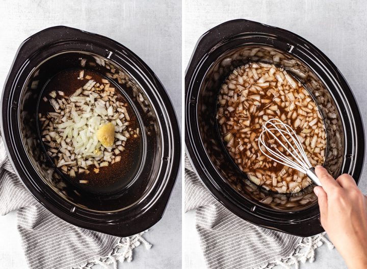 two photos showing How to Make Shredded Chicken in the Crockpot - whisking sauce
