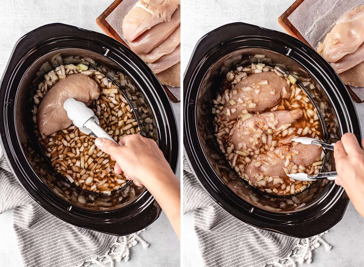 two photos showing How to Make Shredded Chicken in the Crockpot - adding chicken breasts