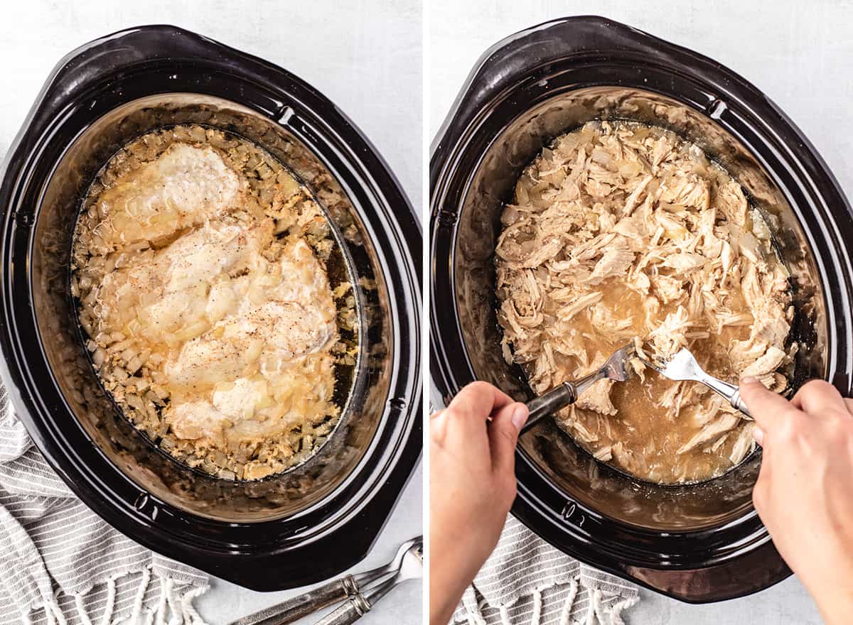 two photos showing How to Make Shredded Chicken in the Crockpot - shredding cooked with forks