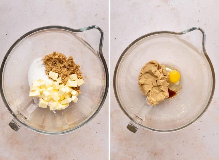 two photos showing How to Make Apple Cookies - beating together butter, sugar, egg and vanilla