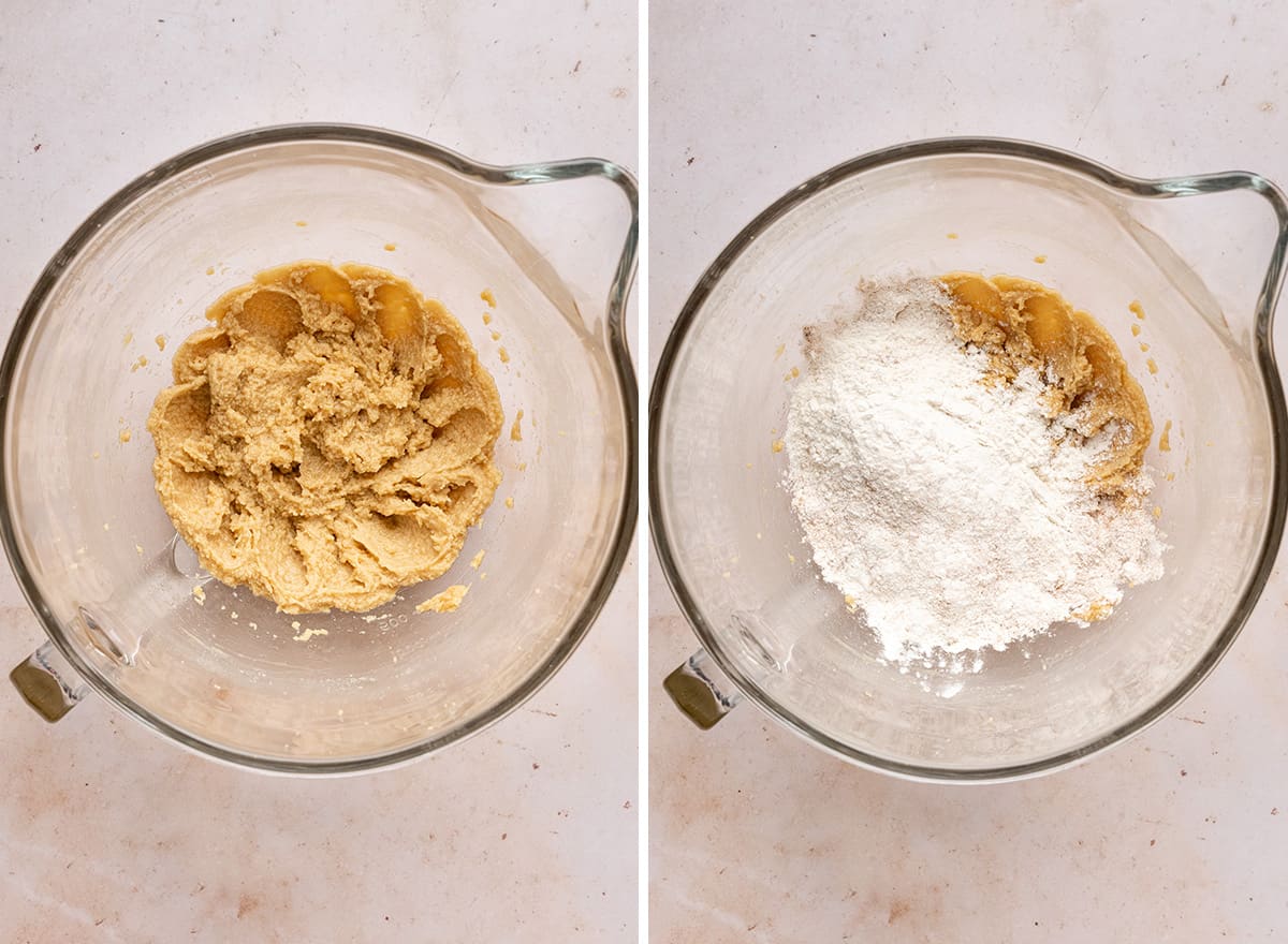 two photos showing How to Make Apple Cookies - adding dry ingredients