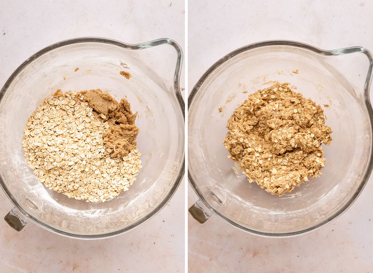 two photos showing How to Make Apple Cookies - adding oatmeal