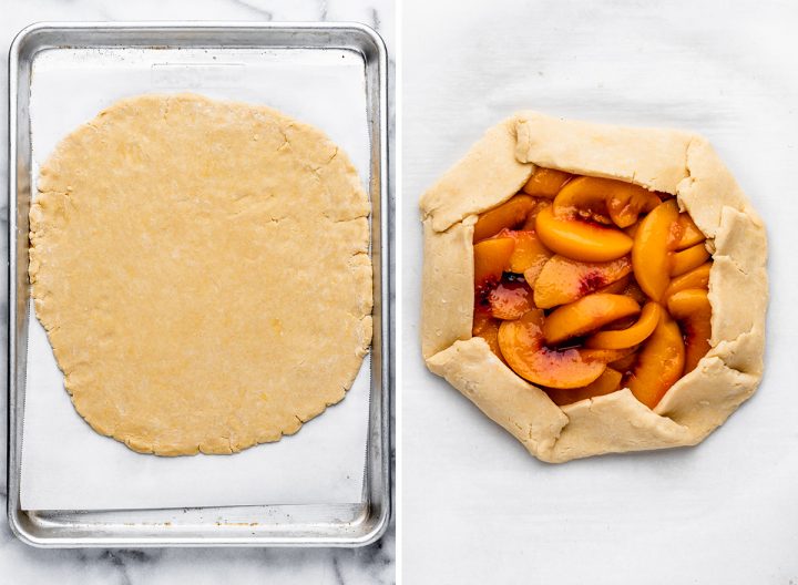 two photos showing how to assemble a peach galette - rolling out dough and adding filling