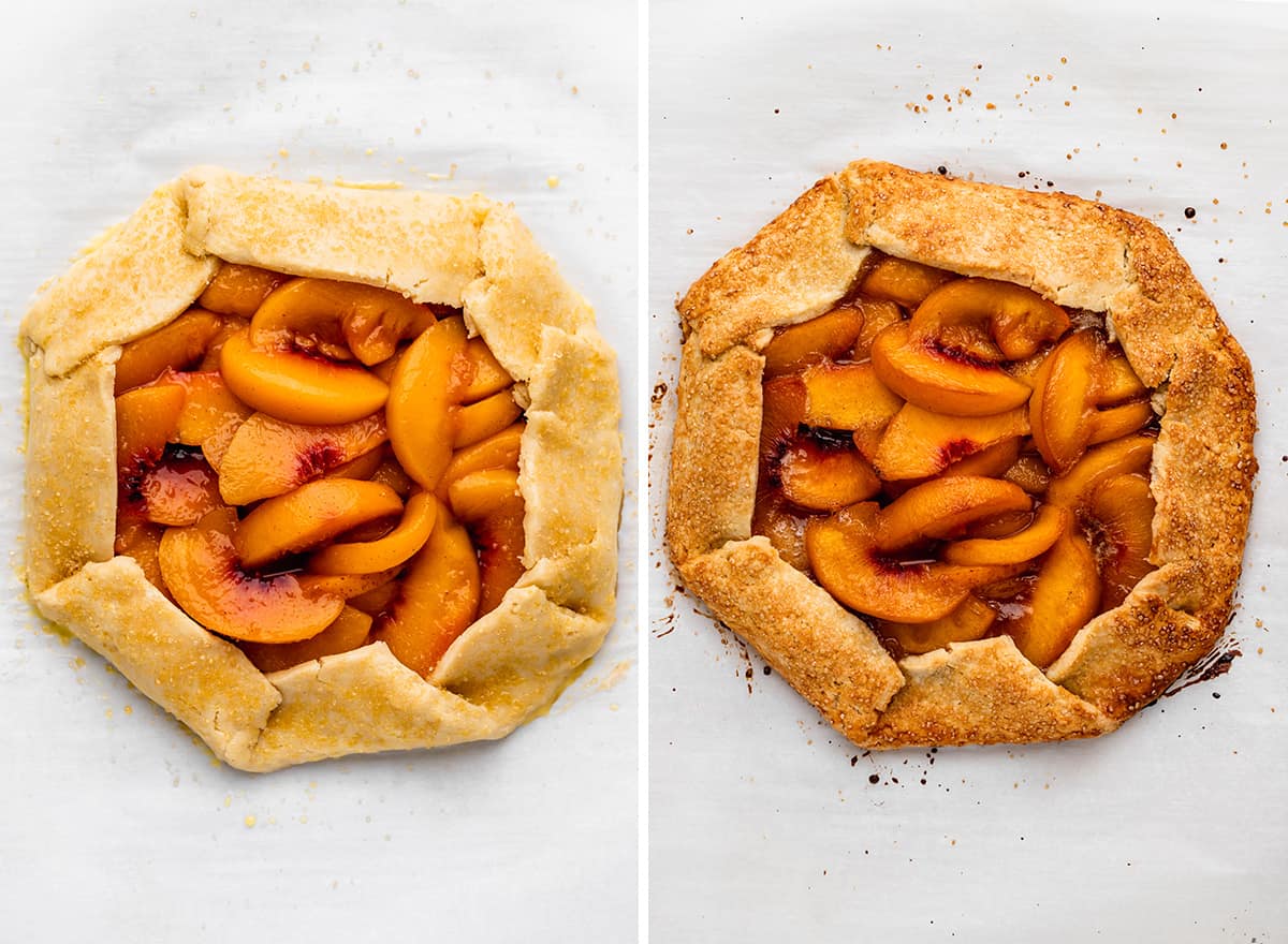 two photos of a Peach Galette before and after baking