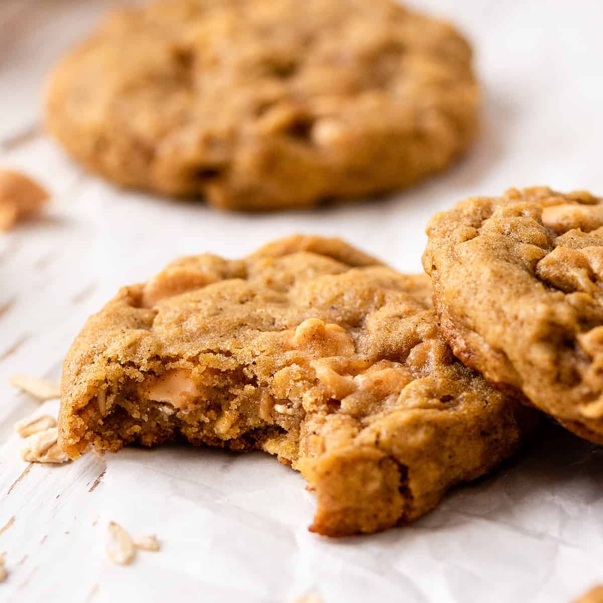 up close of a Pumpkin Oatmeal Cookie with a bite taken out of it