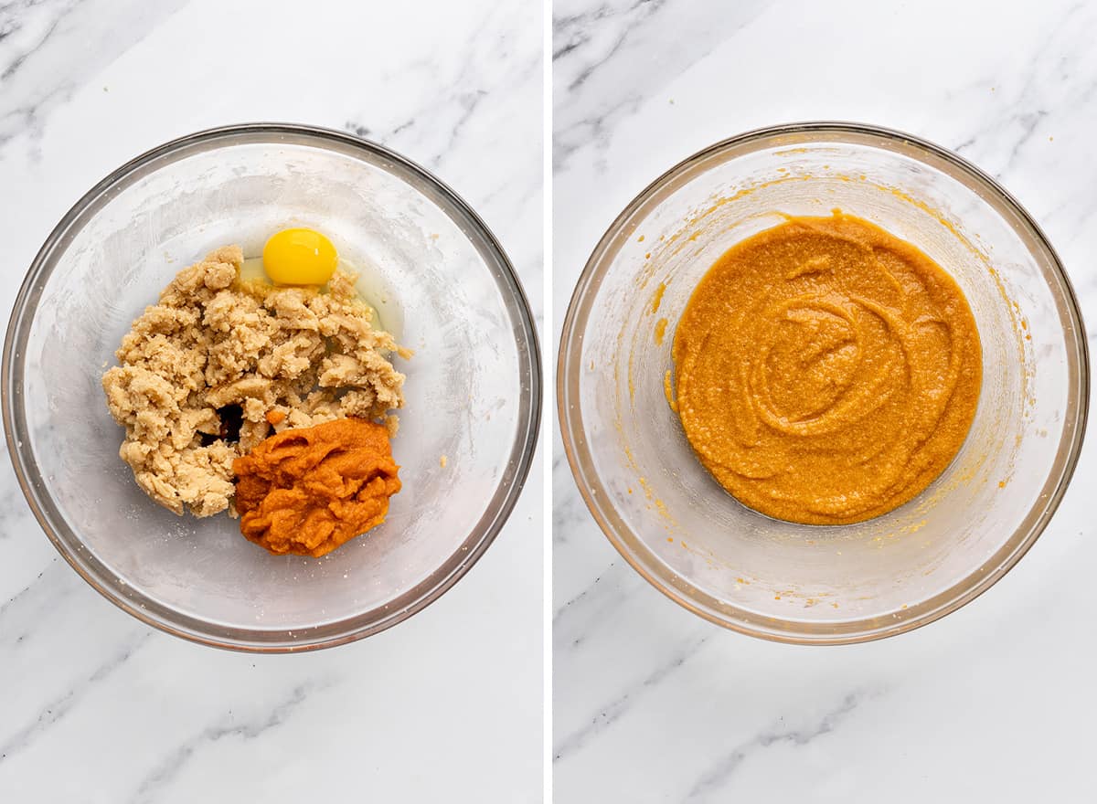 two photos showing adding egg and vanilla to the Pumpkin Oatmeal Cookies batter