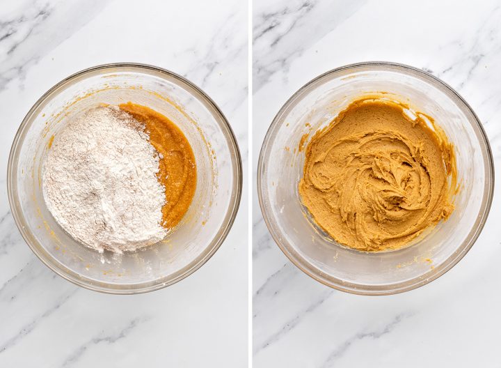two photos showing before and after combining wet and dry ingredients in this Pumpkin Oatmeal Cookies recipe