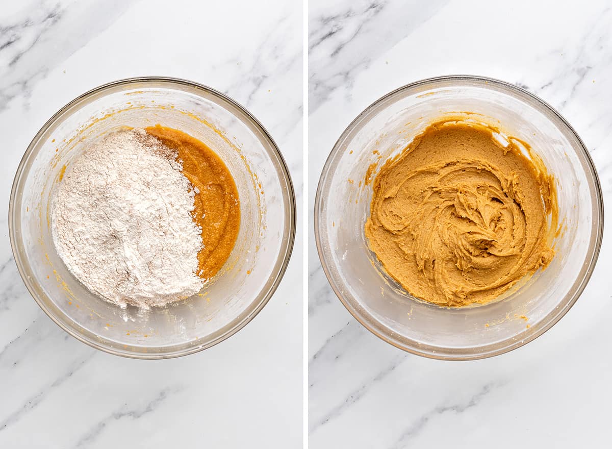two photos showing before and after combining wet and dry ingredients in this Pumpkin Oatmeal Cookies recipe