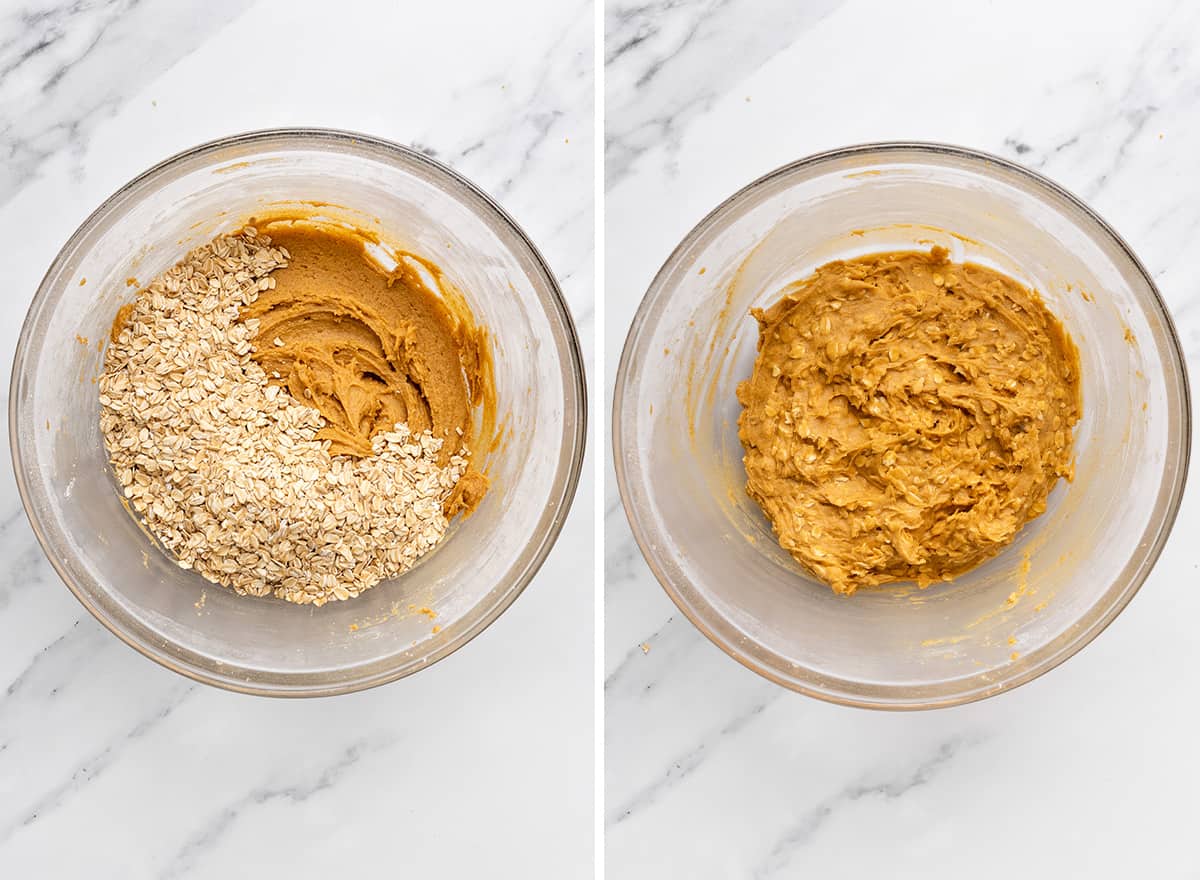 two photos showing adding oatmeal to the Pumpkin Oatmeal Cookies batter