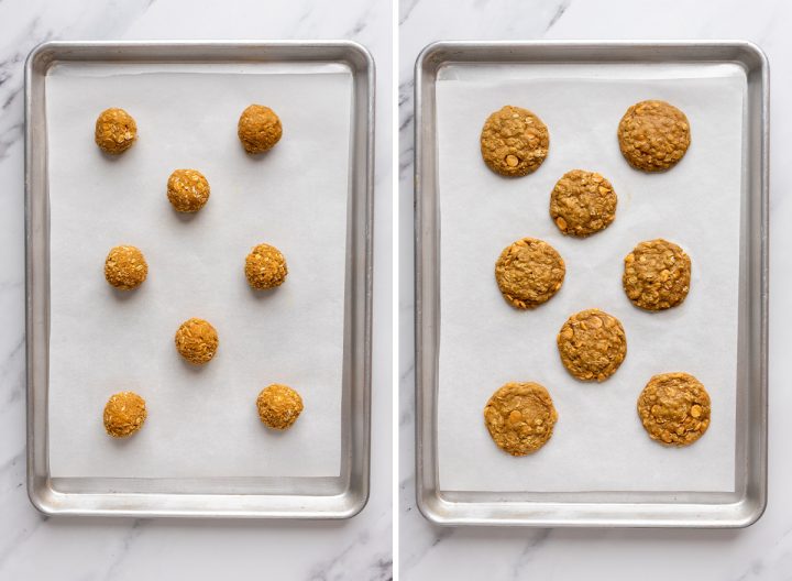 two photos showing Pumpkin Oatmeal Cookies on a baking sheet before and after baking
