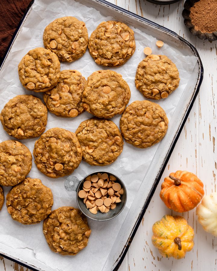 13 Pumpkin Oatmeal Cookies on a baking sheet