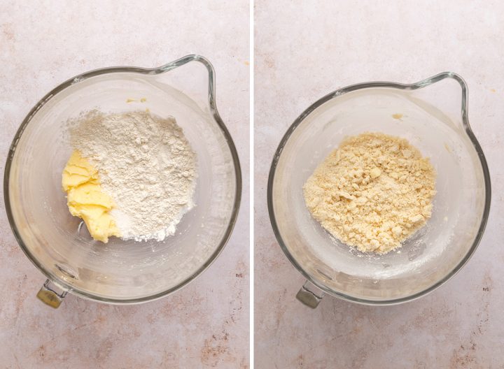 two photos showing How to Make the shortbread crust for Pumpkin Pie Bars 