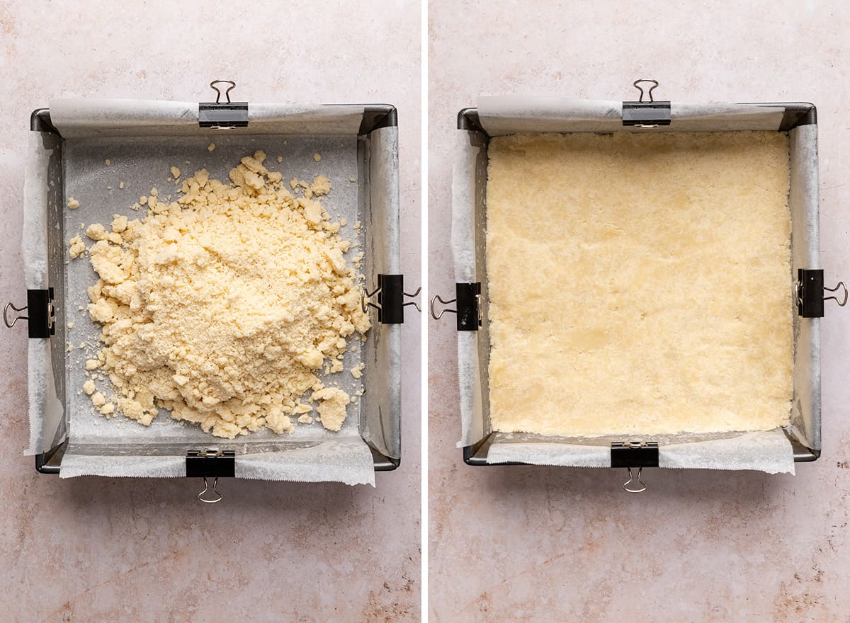 two photos showing How to Make the shortbread crust for Pumpkin Pie Bars 