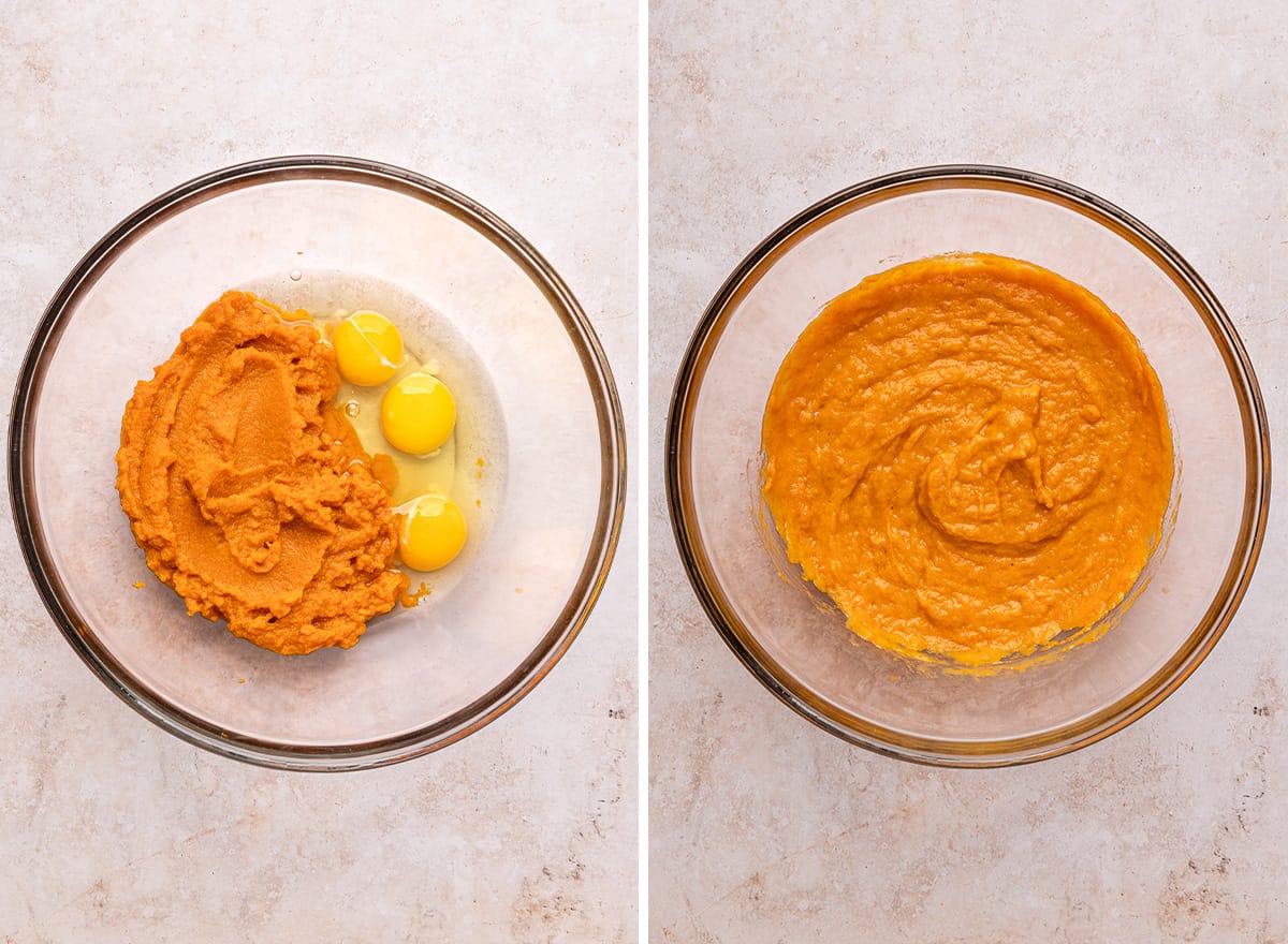 two photos showing How to Make Pumpkin Pie Bars - combining eggs and pumpkin in a glass bowl