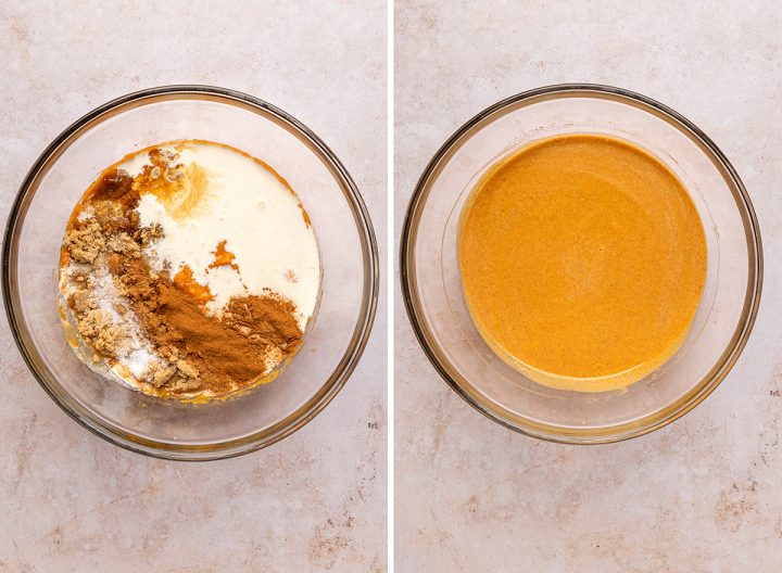 two photos showing How to Make Pumpkin Pie Bars in a glass bowl