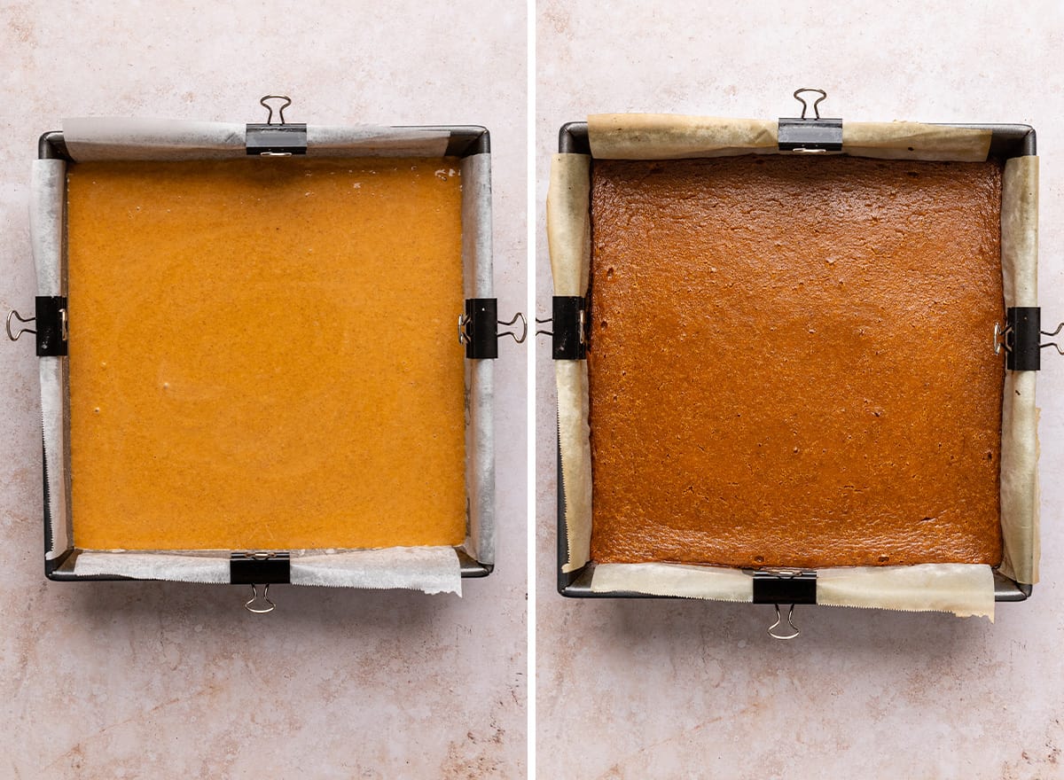 pumpkin pie bars in a square baking pan before and after baking