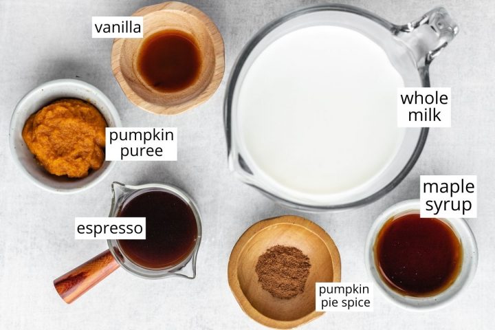 overhead view of the ingredients in this Pumpkin Spice Latte recipe