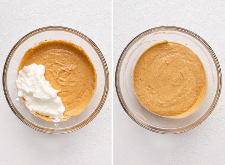 two photos showing How to Make Pumpkin Waffles - folding in egg whites