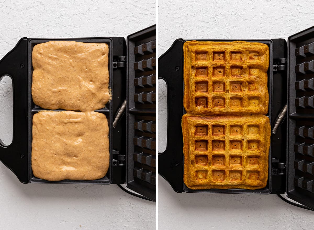 two photos showing How to Make Pumpkin Waffles - cooking in the waffle maker 