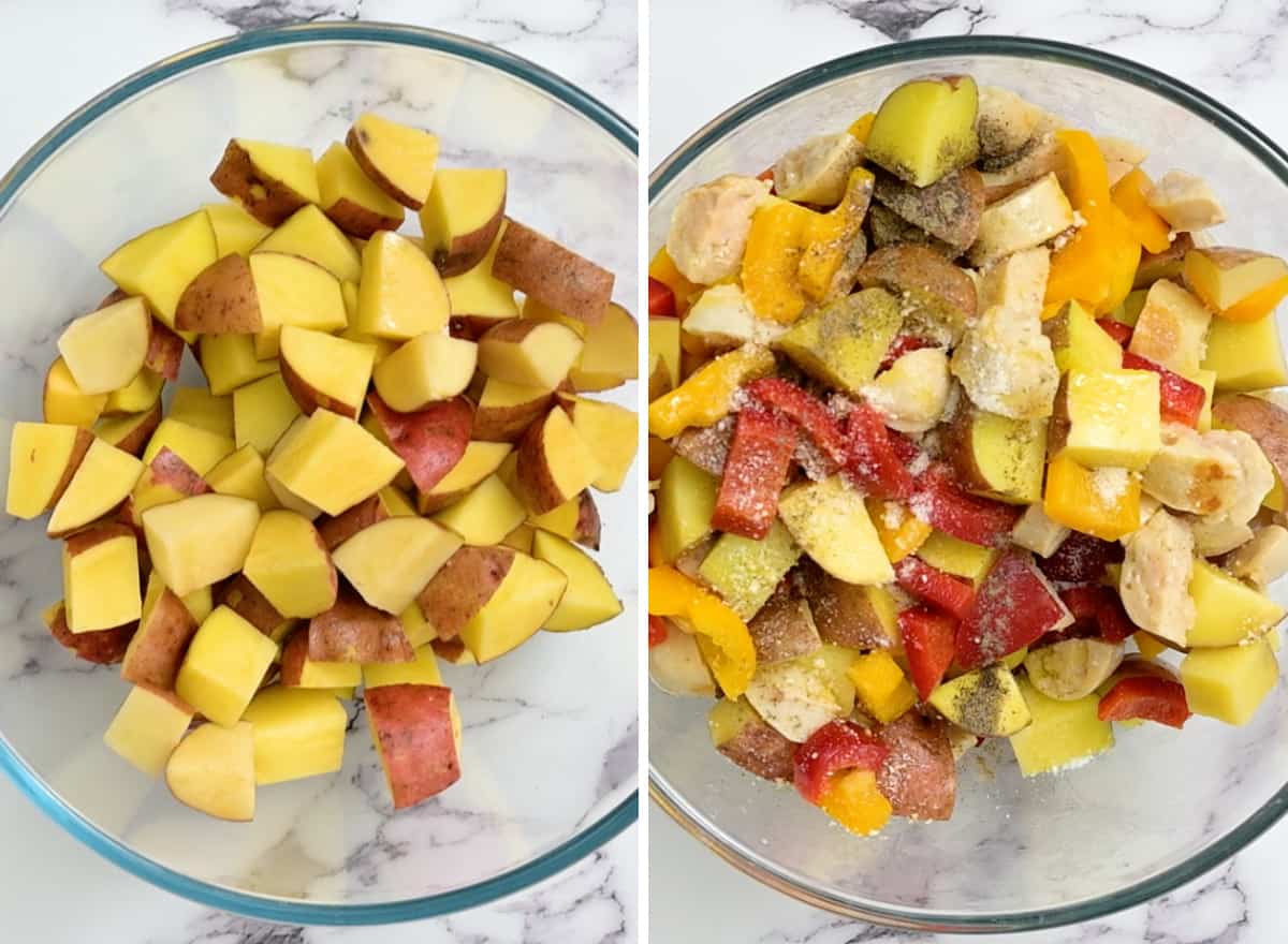 two photos showing how to make Roasted Sausage & Potatoes with Peppers