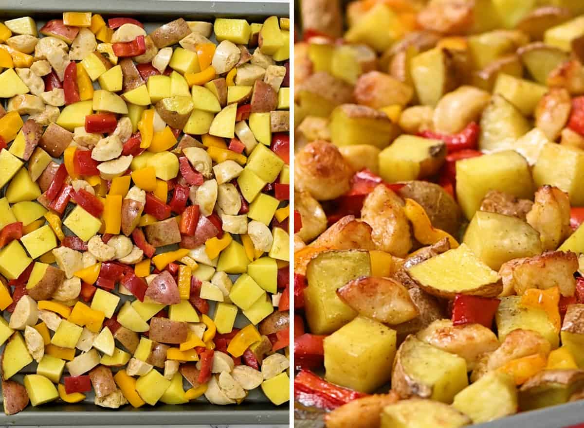 two photos showing how to make Roasted Sausage & Potatoes with Peppers
