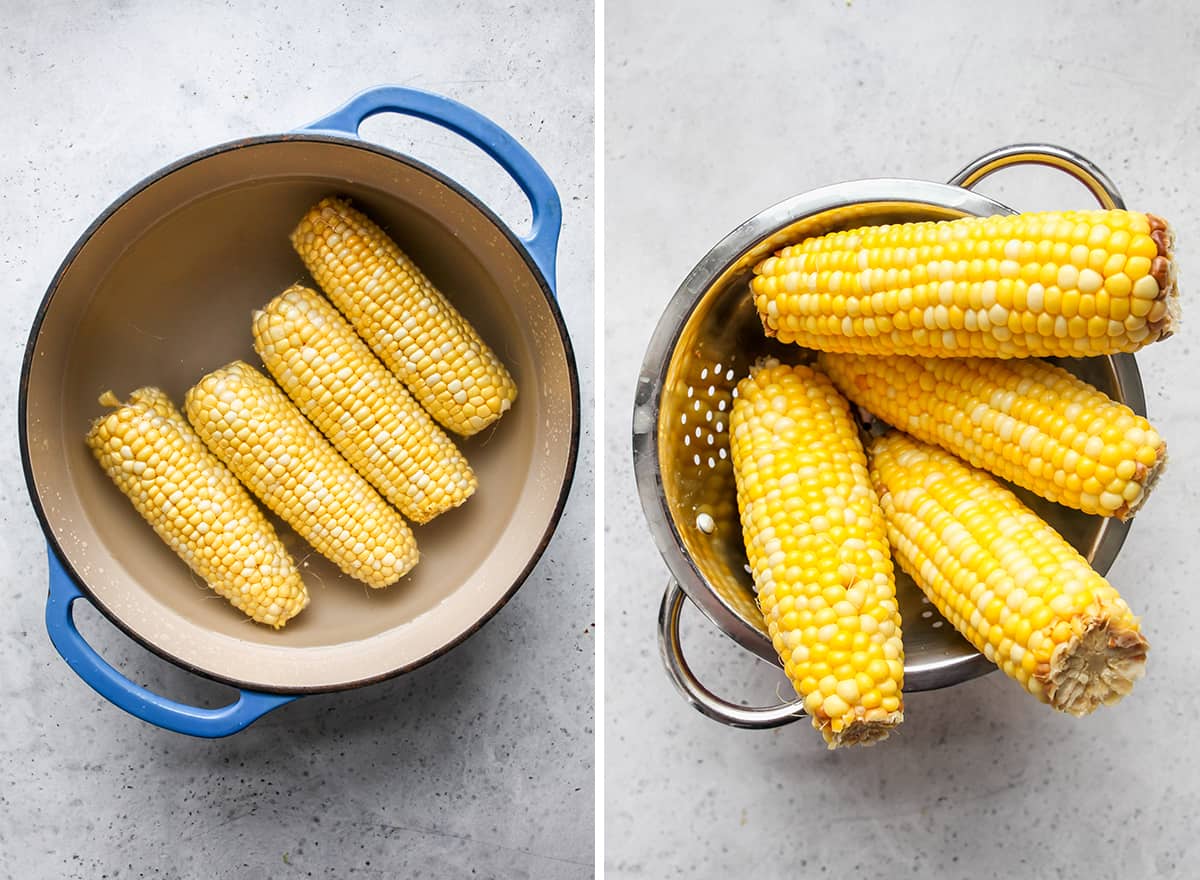 two photos of corn on the cob before and after cooking to use in this corn salad recipe