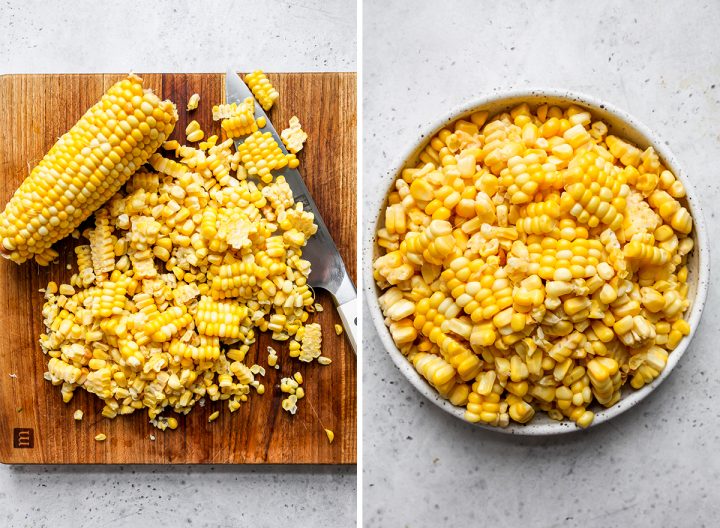 two photos showing how to cut corn to use in this Corn Salad Recipe