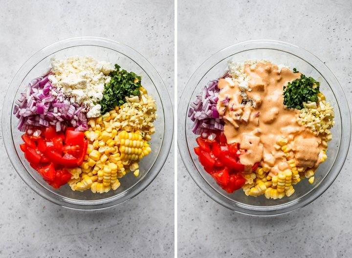 two photos showing how to assemble this Corn Salad Recipe