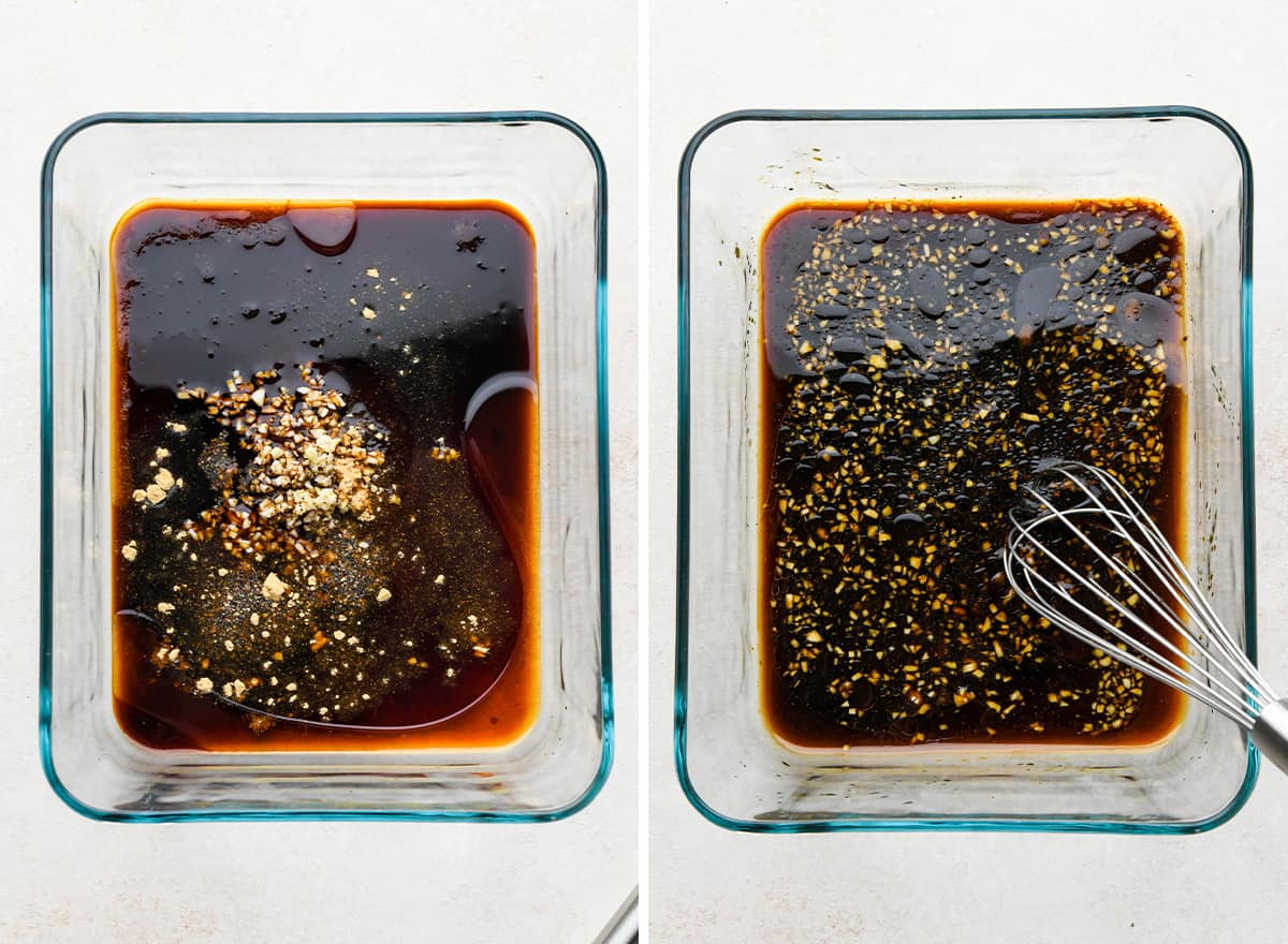 two photos showing How to Make Flank Steak Marinade - whisking ingredients together.