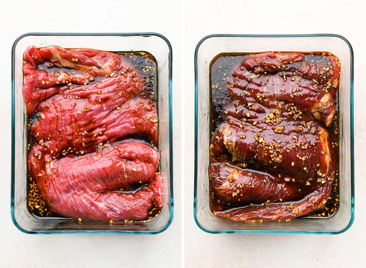 two photos showing How to Marinate Flank Steak - the steak in the marinade before and after flipping.