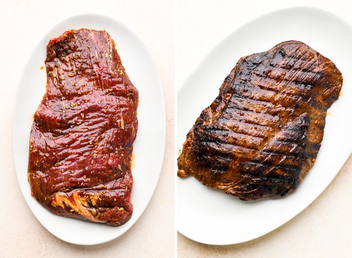 two photos showing How to Grill Flank Steak - before and after grilling