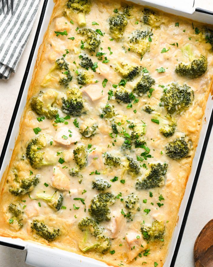 Broccoli Chicken and Rice Casserole in a baking dish