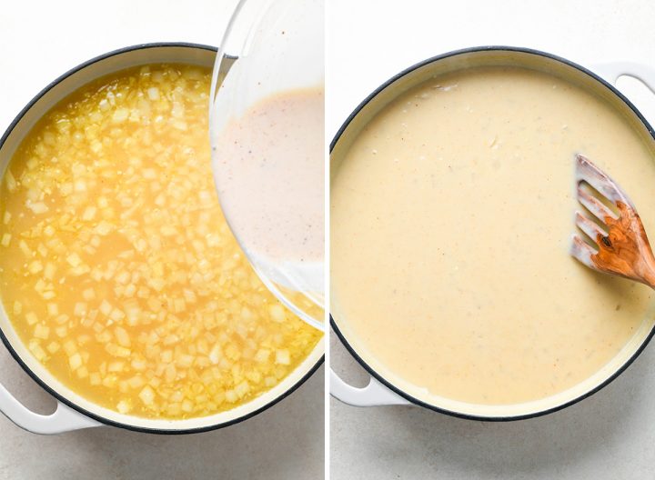 two photos showing how to make Broccoli Chicken and Rice Casserole sauce