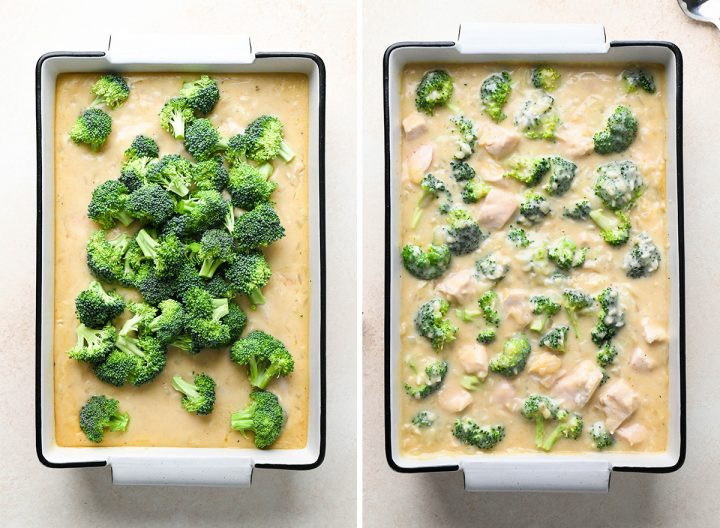 two photos showing how to make Broccoli Chicken and Rice Casserole - adding broccoli