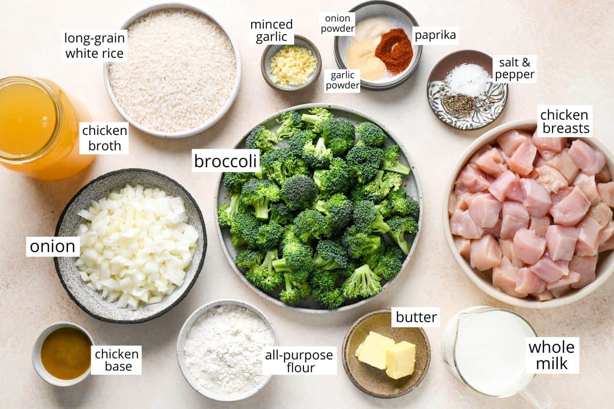 overhead photo of the ingredients in this Broccoli Chicken and Rice Casserole recipe