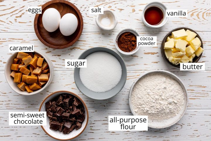 overhead view of the ingredients in this caramel brownies recipe