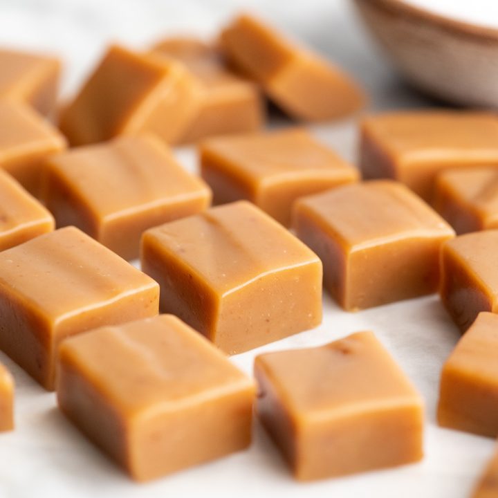 Homemade Caramel Recipe cut into 1 inch squares 