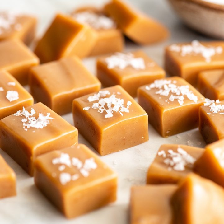 squares of Homemade Caramel with flaky sea salt on top