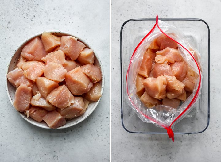 two photos showing How to Make Chicken Kebabs - marinating chicken