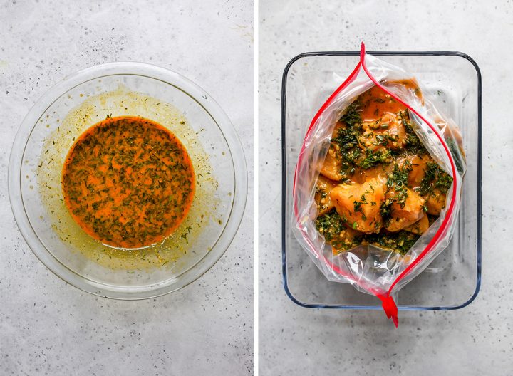 one photo showing how to make chicken kabob marinade, and one photo showing the chicken marinating. 