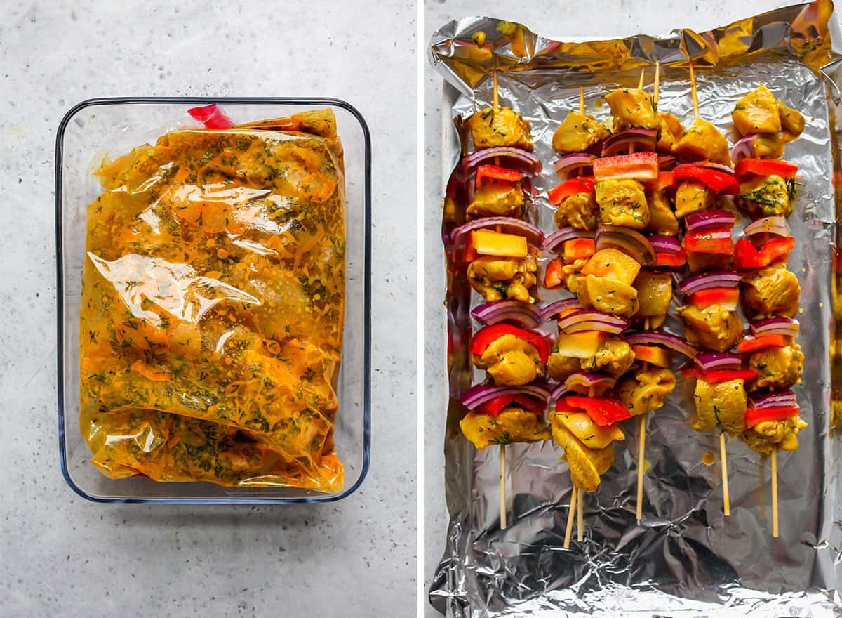 two photos showing How to Make Chicken Kebabs - chicken marinating then assembled kebabs