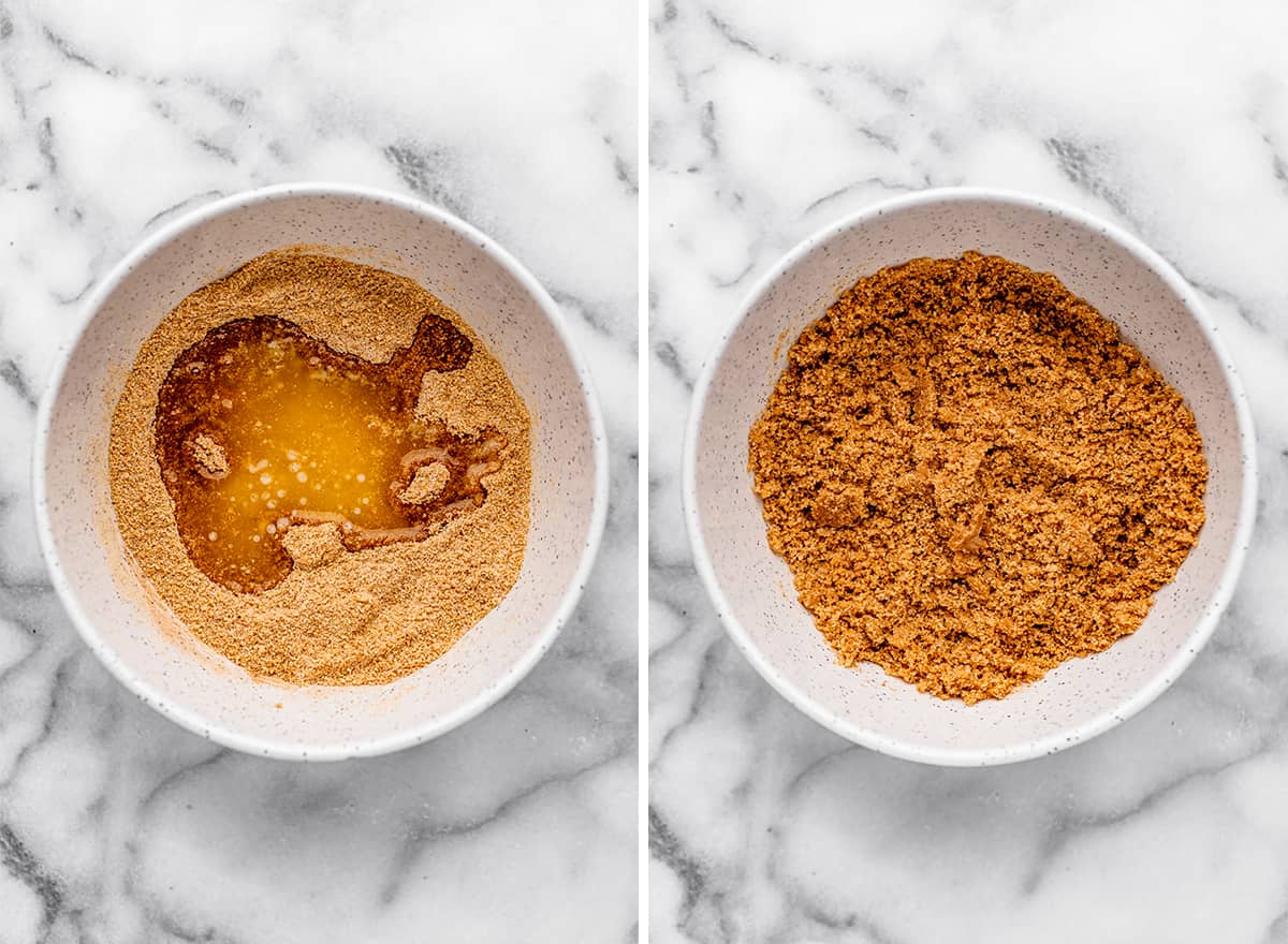 two photos showing how to make a graham cracker crust for peach cheesecake