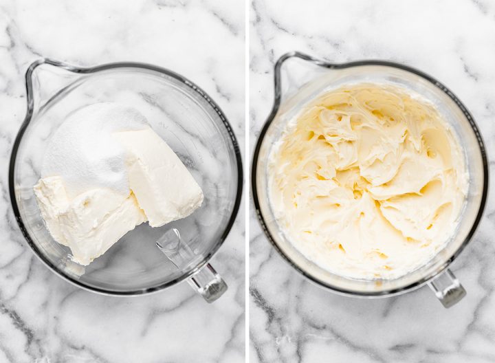 two photos showing how to make peach cheesecake filling