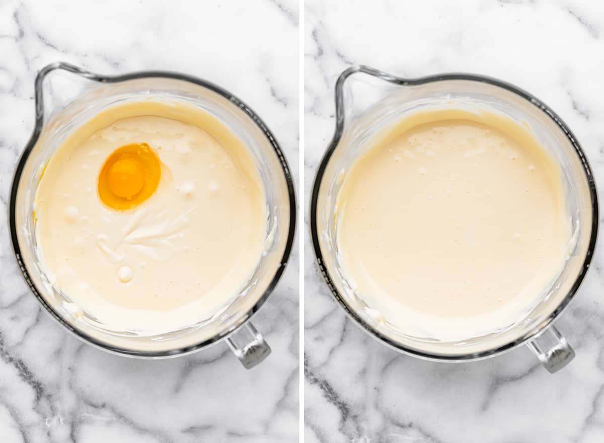 two photos showing how to make peach cheesecake filling