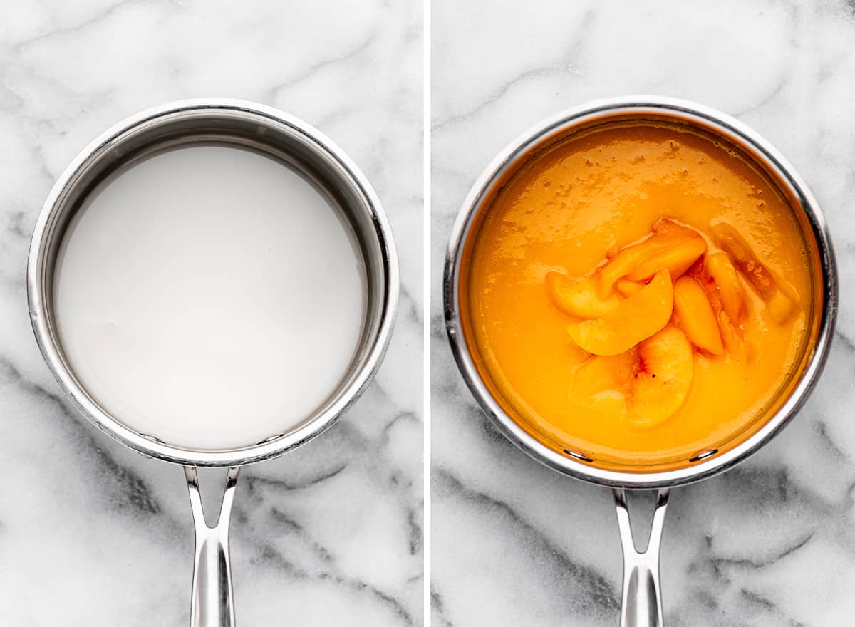 two photos showing How to Make Peach Topping in a saucepan